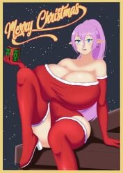 artist_name bare_shoulders blue_eyes blush breasts breasts_bigger_than_head christmas christmas_clothing christmas_outfit cleavage collarbone elbow_gloves gift gift_box gigantic_breasts hair_between_eyes holding_object huge_breasts hyper hyper_breasts looking_at_viewer original original_character pointy_ears ponytail purple_hair sitting thick_thighs thighs timaeus vega_(timaeus)