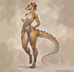 2025 3_toes 5_fingers absurd_res anthro argonian ass big_breasts big_butt biped black_claws breasts claws collarbone countershading digitigrade erect_nipples feather_hair feathers feet female female_anthro finger_claws fingers genitals hand_on_hip hand_on_own_hip hi_res looking_at_viewer microsoft multicolored_body multicolored_scales nipples non-mammal_breasts non-mammal_nipples nude nude_anthro nude_female on_one_leg pink_nipples pointy_ears pseudo_hair pupuslapus purple_eyes pussy red_claws red_pseudo_hair red_spikes scales scalie short_pseudo_hair side_view simple_background snout solo spiked_tail spikes spikes_(anatomy) standing tail tan_background teeth text the_elder_scrolls toe_claws toes two_tone_body two_tone_scales two_tone_tail url white_body white_pussy white_scales white_tail yellow_body yellow_ears yellow_scales yellow_tail