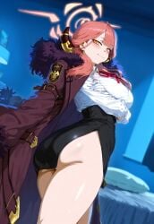 1girls ai_generated aru_(blue_archive) ass big_breasts blue_archive female female_focus halo horns huge_breasts jacket large_breasts light-skinned_female long_hair looking_at_viewer pink_hair thick_thighs thighs yellow_eyes