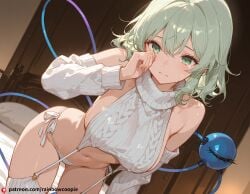 ai_generated breasts green_eyes green_hair koishi_komeiji komeiji_koishi large_breasts navel tears touhou virgin_destroyer_sweater wiping_tears