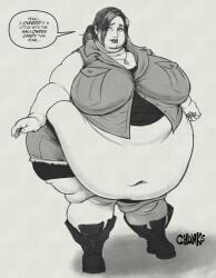 bbw belly_button big_belly black_and_white boots chunkerchunks claire_redfield claire_redfield_(jordan_mcewen) denim_shorts fat fat_belly fat_female fat_fetish female female female girl jacket large_belly morbidly_obese morbidly_obese_female resident_evil resident_evil_2_remake sketch ssbbw tank_top text