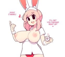 <3 1girls areolae big_breasts black_eyes breasts breasts_out bunny_ears bunny_girl dialogue english_text female female_only fiz fizintine nipples nurse_cap nurse_uniform open_mouth pink_hair smile solo white_background wrist_cuffs