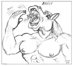 2008 abs anthro artist_name calling_for_help closed_eyes elf equid equine forced gianttoby group horse macro male mammal mane micro muscular nipples nude_male open_mouth oral_vore signature teeth text toss tossing unwilling_prey vore willing_pred