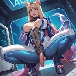 ahri ai_generated bodysuit cock cock_ring fox_girl futanari futanari high_heels jewelry k/da_ahri k/da_series large_breasts makeup penis platform_heels precum skintight stable_diffusion thick_thighs