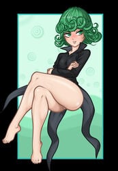 1girls ahgot barefoot black_dress blush bottomless crossed_arms crossed_legs curly_hair feet female female_only flat_chest floating green_eyes green_hair hips legs long_legs one-punch_man open_mouth pussy pussy_juice short_green_hair short_hair simple_background sitting smile solo tatsumaki toes