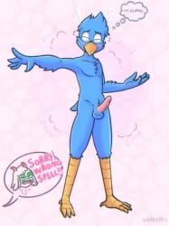 2boys anthro avian balls beak berdly bird blue_body bluebird blush deltarune digital_media_(artwork) embarrassed english_text eyewear feathers feet genitals glasses hi_res horn magic magic_user male male_only nude oscine passerine penis pink_horn ralsei ralsei_with_white_fur simple_background solarlewds solo talons text thrush_(bird) toes undertale_(series) yaoi