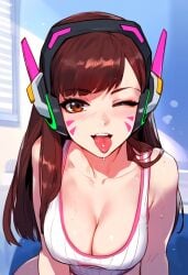 1girls ai_generated brown_eyes brown_hair cleavage cute d.va facepaint overwatch shirt solo tongue