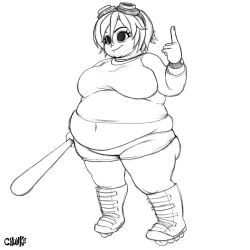 1girl bat_(object) bbw big_belly big_eyes chunkerchunks fat fat_belly female girl goggles_on_head large_belly pointing_up ramona_flowers roller_skates scott_pilgrim sketch tank_top uncolored woman