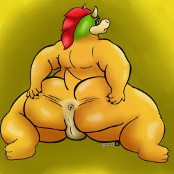 1boy anthro anus ass balls big_butt bowser butt_grab feet genitals hand_on_butt hi_res koopa laika_2 looking_at_viewer looking_back male male_only mario_(series) nintendo scalie solo thick_thighs