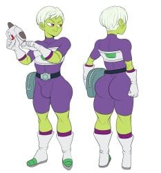 1boy armor ass bag big_ass bodysuit boots character_sheet cheelai detnox dragon_ball dragon_ball_super femboy genderswap_(ftm) gloves green_skin huge_ass male penis_bulge pose posing purple_eyes rule_63 smile smiling solo solo_focus solo_male weapon white_hair