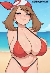 1girls bikini breasts brown_hair female hips huge_breasts light-skinned_female light_skin long_hair may_(pokemon) mereoleonart nintendo pokemon pokemon_rse smug thick_thighs thighs wide_hips