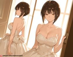 ai_generated blowjob brown_eyes character_sheet dark_brown fair_skin female gloom large_breasts milf pov sharp_features sharp_gaze short_bob_hair slightly_tousled_at_the_ends straight_and_neat tall_and_slender tsunemori_akane wedding_dress white_dress