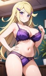 ace_trainer_(pokemon) ace_trainer_(pokemon_xy) ai ai_generated astrid_(pokemon) blonde_female blonde_hair blonde_hair_female bra game_freak hair_clip hair_ornament long_blonde_hair long_hair looking_at_viewer nintendo panties pixai pokemon_xy purple_bra purple_hair purple_panties purple_underwear smile smiling smiling_at_viewer underwear yellow_hair