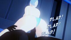 1boy 1girls 3d bikini_bottom cowgirl_position dark-skinned_male half-dressed half_naked hand_on_leg nakadashi_(artist) nude_male pale-skinned_female penetration rwby sex white_hair white_hair_female winter_schnee