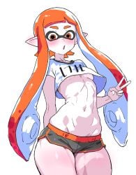 black_shorts blush breasts female inkling inkling_girl kaori_(splatoon) long_hair looking_at_viewer midriff navel nintendo open_mouth orange_eyes orange_hair pointy_ears shirt short_shorts shorts simple_background small_breasts solo splatoon tentacle_hair thighs underboob white_background yaki_apple