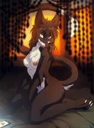 2016 anthro bed biped black_nose breasts canid canine cellphone claws electronics fangs female fur furniture heart_symbol hioshiru hioshiru_(character) hybrid kneeling licking looking_at_viewer mammal nipples nude paws phone pupils seductive slit_pupils solo teeth tongue tongue_out white_eyes