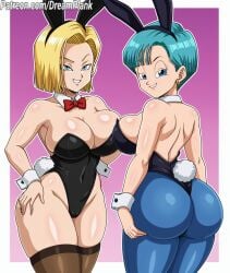 android_18 ass breasts bulma_briefs bunny_ears cleavage dragon_ball_z dreamplank shiny_skin smile