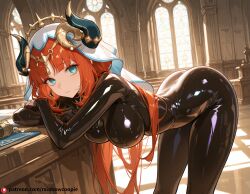 ai_generated beautfiul_background bent_over cathedral cluttered_room large_breasts latex_bodysuit nilou_(genshin_impact) stunning_backgroud yandere