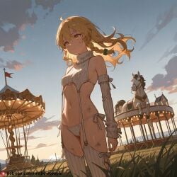 ai_generated beautfiul_background body_arch carousel dirty disheveled fear kirisame_marisa overcast_sky small_breasts sparse_vegetation stunning_backgroud sunshine sweat_on_forehead virgin_destroyer_sweater