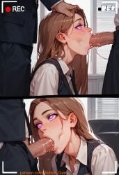 1girls 2boys @_@ ai_assisted ai_generated assisted_fellatio blowbang blowjob blowjob_face blowjob_gesture brown_hair business_attire business_suit business_woman camera camera_phone camera_pov camera_view deep_blowjob deepthroat drool drool_string drooling fellatio hidden_gem hypnosis hypnotic_eyes long_hair mind_control office office_clothing office_lady office_sex on_knees original_character patreon patreon_link patreon_url patreon_username penis recording recording_on_phone recording_video saliva saliva_drip saliva_on_penis saliva_string saliva_trail secretary secretly_loves_it