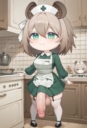 ai_generated balls chibi cock cute female futanari garter_belt girthy_penis green_eyes hand_on_counter kitchen large_penis medium_breasts nimi_nightmare nurse penis penis_out penis_under_clothes short_hair shortstack smile tapir testicles virtual_youtuber