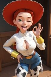 ai_generated breasts cow_print cowboy_hat cowgirl_outfit galaxy_artai ginger_female green_eyes jessie_(toy_story) ok_sign red_hair tongue_out toy_story wink winking_at_viewer