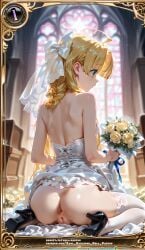 ahoge ai_generated asia_argento ass blonde_hair female green_eyes hell-pantsu high_school_dxd long_hair pussy small_breasts solo vagina wedding_dress