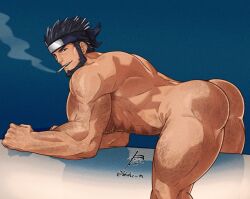 ass bara beard bent_over facial_hair headband loboke male male_only muscles muscular naruto nude sarutobi_asuma solo solo_male