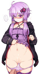 ... blush comic cum cum_on_body cum_on_clothes cum_on_lower_body dress dress_lift female female_human highres human null_(nyanpyoun) out_of_frame panties panty_pull purple_eyes purple_hair short_hair_with_long_locks solo_focus speech_bubble surgical_mask underwear vagina vocaloid voiceroid yuzuki_yukari