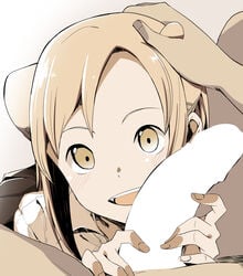 :d blonde_hair blush censored close-up clothing cute_fang demi-chan_wa_kataritai female hajimeme3 hand_on_another's_head open_mouth penis school_uniform sepia skirt smile takanashi_hikari yellow_eyes