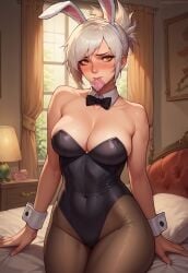 1girls ai_generated big_breasts blush bowtie bunny_ears bunnysuit collarbone condom condom_in_mouth condom_wrapper embarrassed female female_focus league_of_legends looking_at_viewer partially_clothed ponytail riven rokc123 sitting_on_bed slim_waist tight_clothing waiting white_hair