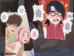 1boy 1girls anal anal_sex boruto:_naruto_next_generations caught caught_cheating caught_in_the_act dialogue doggy_style english_text female_focus female_penetrated grabbing_breasts grabbing_from_behind naruto naruto_(series) sakura_haruno sarada_uchiha sarutobi_konohamaru text text_bubble