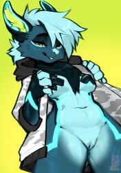 2025 5_fingers absurd_res anthro areola blue_body blue_fur blue_hair bottomless bottomless_anthro bottomless_female breasts canid canine clothed clothed_anthro clothed_female clothing cocoline_(artist) countershade_torso countershading digital_media_(artwork) female fingers fur genitals hair hi_res inner_ear_fluff looking_at_viewer mammal navel no_underwear open_clothing open_topwear partially_clothed partially_clothed_anthro partially_clothed_female pasties pussy simple_background smile solo standing teeth topwear topwear_only tuft yellow_eyes