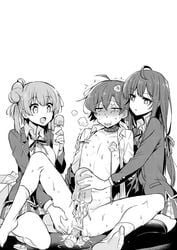 1boy 2girls artificial_vagina blush bondage censored clothed_female_nude_male collar cr-r cum dildo female_penetrating_male female_rapist femdom hikigaya_hachiman long_hair male male_focus male_rape_victim monochrome multiple_girls my_teen_romantic_comedy_snafu nipple_tweak open_mouth pegging penis prostate_stimulation rape restrained reverse_rape sanpaku school_uniform short_hair sitting spread_legs straight vibrator vibrator_on_nipple white_background yuigahama_yui yukinoshita_yukino