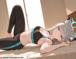 ai_generated chart faint_smile seductive_lying shiroko_(blue_archive) small_breasts sports_bra yoga_pants