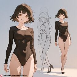 ai_generated athletic_leotard grin medium_breasts model_sheet shiina_mayuri twisted_jack-o-pose