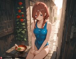 ai_generated beautfiul_background dusty nakano_miku one-piece_swimsuit pencil ramen rose seated_hands_on_lap sigh small_breasts stormy street stunning_backgroud windy