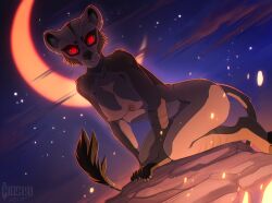 2017 anthro black_nose breasts casual_nudity crescent_moon detailed_background felid female hioshiru lion looking_at_viewer mammal moon night nipples nude outside pantherine red_eyes sky solo star starry_sky tail