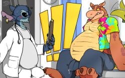 16:10 2025 2boys 3_toes 4_fingers activision aliasing alien aloha_shirt anthro anthrofied arty_stu biped black_eyes blue_body blue_claws blue_fur blue_nose blush bodily_fluids brown_claws bulge canid canine canis cel_shading claws clipboard clock clothed clothing coat crash_(series) crocodile crocodilian crossover detailed_bulge digital_media_(artwork) dingo dingodile disney doctor duo ear_piercing ear_ring erection erection_under_clothing exclamation_point experiment_(lilo_and_stitch) eye_contact eyewear feet finger_claws fingers fur genital_fluids genital_outline glasses head_tuft hi_res holding_clipboard holding_object hybrid inside lilo_and_stitch looking_at_another male male/male male_only mammal medical_instrument notched_ear open_clothing open_shirt open_topwear overweight overweight_anthro overweight_male pattern_clothing pattern_shirt pattern_topwear penis_outline piercing precum precum_through_clothing reptile ring_piercing scalie scientific_instrument shaded shirt sitting standing stethoscope stitch_(lilo_and_stitch) sweat tail tail_motion tailwag tan_body tan_fur toe_claws toes topwear tuft weird_crossover wet wet_clothing widescreen yellow_sclera