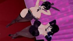 2girls akinama_family_(noir-black-shooter) big_breasts bunnysuit dark_blue_hair gilf huge_breasts kazane_akinama_(noir-black-shooter) koikatsu milf mother_and_daughter naoki_akinama_(noir-black-shooter) noir-black-shooter oc original original_character purple_eyes