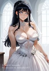 1girls 2d ai_generated ai_sensuality bangs big_breasts black_hair cleavage grey_eyes hyuuga_hinata jewelry light-skinned_female long_hair naruto naruto_(series) naruto_shippuden sleeveless smiling solo solo_female tiara veil wedding_dress wedding_veil