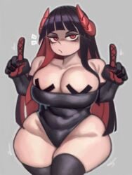 1girls big_breasts demon_girl female female_focus female_only kelvin_hiu light-skinned_female light_skin looking_at_viewer nipple_pasties red_eyes solo thick_thighs thighhighs thighs wide_hips