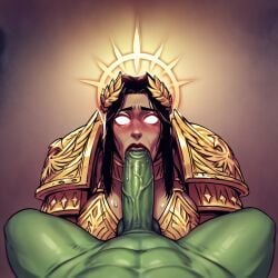 ai_generated big_ass big_breasts bikini_armor black_hair blow_job blowjob blowjob_face blushing defeated defeated_heroine fungus genderbend god-emperor_of_mankind humiliation long_hair monster_cock ork pov thick_thighs warhammer_40k