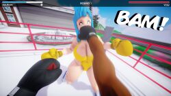 1boy 1girls 3d big_breasts blue_hair boxing boxing_gloves boxing_ring breasts cleavage dark-skinned_male dark_skin dragon_ball dragon_ball_z fight fighting gameplay_mechanics health_bar huge_breasts large_breasts long_hair male_pov maron one-piece_swimsuit pov pov_boxing punch punching punching_face ryona swimsuit thick thick_thighs thighs ultimabox wide_hips yellow_swimsuit