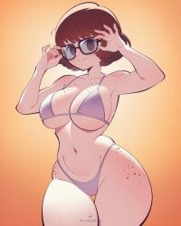 1girls bikini breasts female female_focus female_only flipherrrr freckles glasses hanna-barbera large_breasts light-skinned_female light_skin looking_at_viewer scooby-doo solo swimsuit thick_thighs thighs velma_dinkley wide_hips