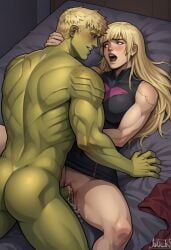 1boy 1girls ai_generated alien big_biceps big_penis blonde_hair cheating_boyfriend cum_in_pussy cum_inside duo elenanosoy gay_male gay_to_straight gay_with_woman green_skin hulkling magik_(illyana_rasputin) male/female marvel marvel_comics missionary_position muscular_ass muscular_back muscular_male muscular_thighs ntr nude_male on_bed orgasm penis_in_pussy raw_sex straight teddy_altman vaginal_penetration young_avengers