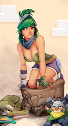 arcade_riven arcade_series breasts cleavage clothing female gloves green_hair headphones helmet_headphones kneeling league_of_legends malphite olaf_(league_of_legends) raichiyo33 renekton riven scarf short_hair shorts