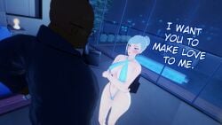 1boy 1girls arms_under_breasts clothed_male dark-skinned_male half-dressed half_naked nakadashi_(artist) ready_for_sex rwby string_bikini wants_to_be_fucked white_hair white_hair_female winter_schnee