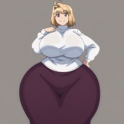 ahoge ai_generated arcueid_brunestud ass big_breasts blonde_hair bottom_heavy breasts_bigger_than_head enormous_ass enormous_breasts hand_on_breast hands_on_hips hips huge_breasts hyper hyper_hips large_breasts looking_at_viewer melty_blood short_hair smile sssonic2_(style) thick thick_thighs thighs thighs_bigger_than_body thighs_bigger_than_head thighs_bigger_than_torso tight_clothing tight_dress tsukihime type-moon vampire_girl wide_hips