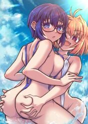 2girls alternate_version_available arcueid_brunestud ass big_butt blonde_hair blue_eyes blush breast_press breasts ciel_(tsukihime) curvy glasses grabbing_ass horny horny_female huge_butt isurugiratone large_breasts looking_pleasured multiple_girls oerba_yun_fang one-piece_swimsuit partially_submerged red_eyes slingshot_swimsuit swimsuit symmetrical_docking tsukihime water wavy_mouth yuri